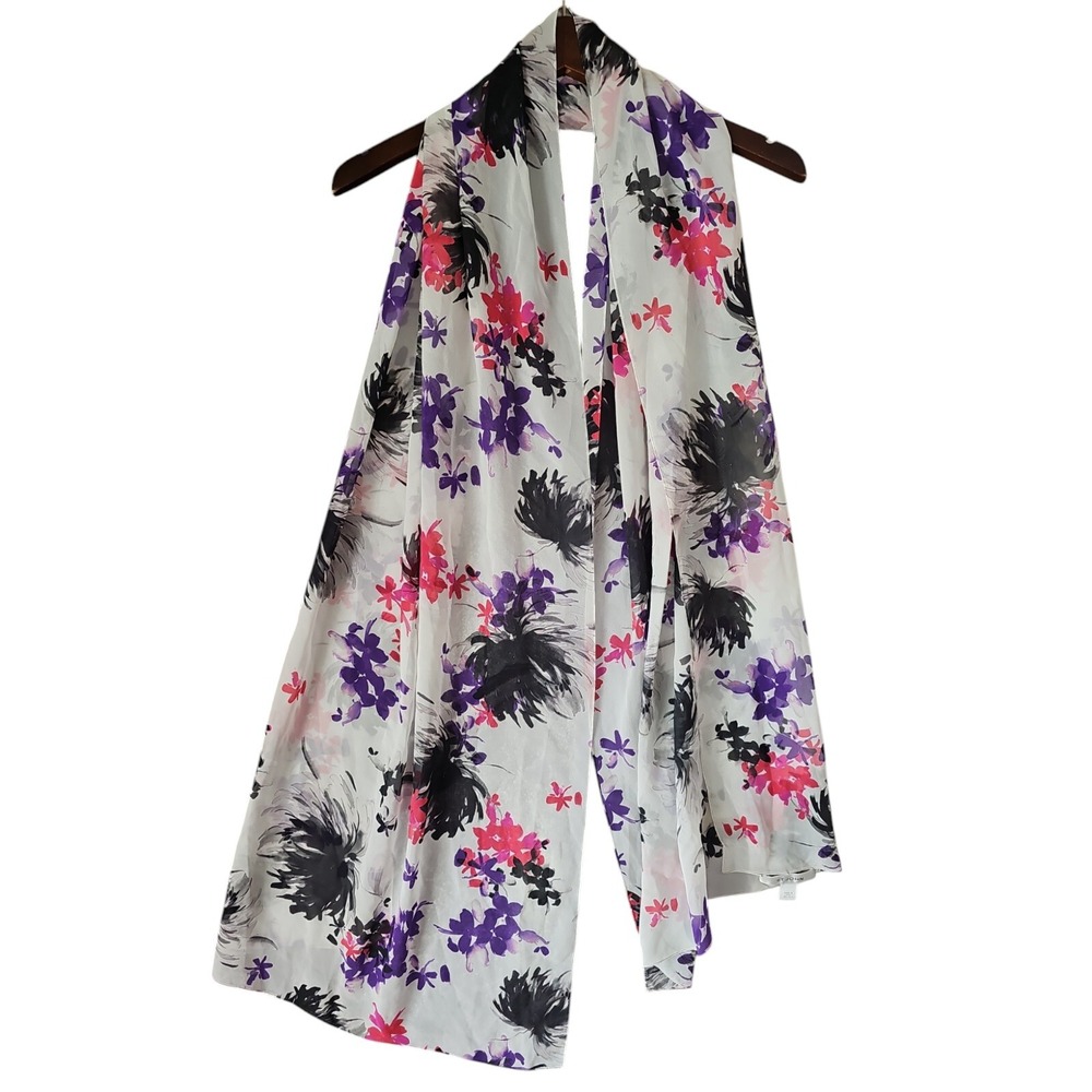 St‎ John One Size Silk Scarf Purple White Floral Rectangle 80"x 24.5" YJ01